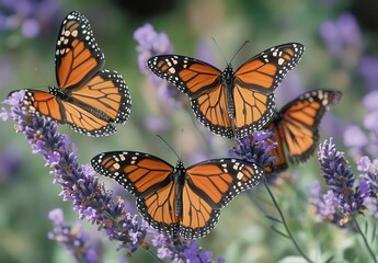 Fototapeta premium Monarch butterflies gracefully fluttering among vibrant lavender flowers in a serene garden, showcasing nature's beauty and delicate ecosystems.