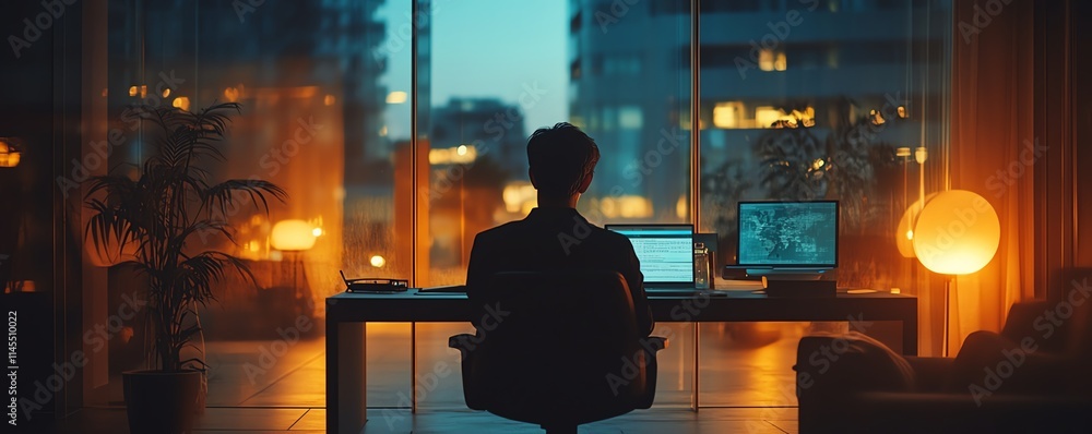 Aufkleber digital professional using a mobile phone and laptop, with interconnected internet networks and futu