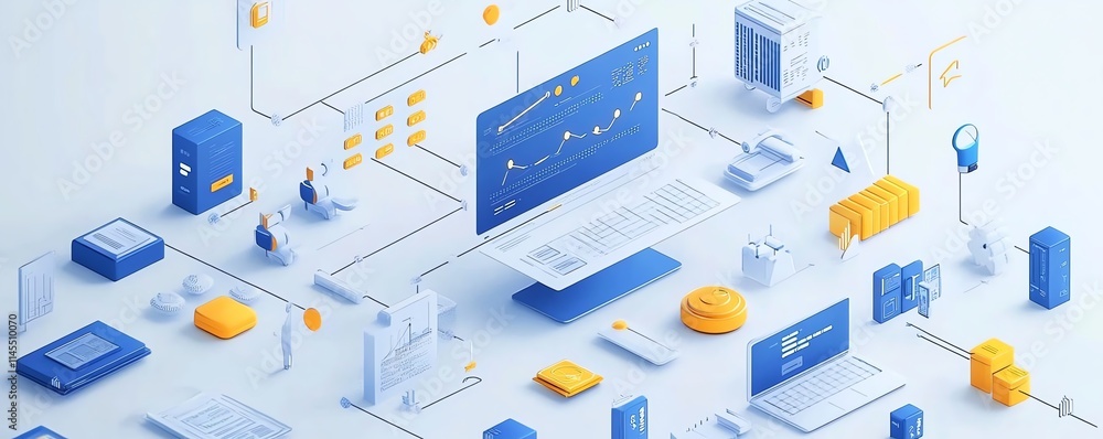 Aufkleber digital technology experts working on software development, with interconnected global business netw