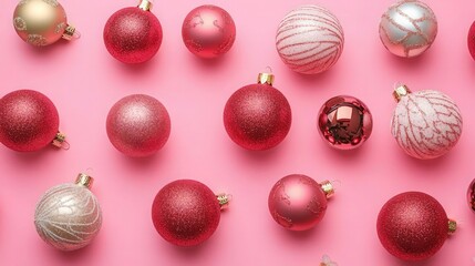 From above of decorative Christmas baubles arranged on pink background in studio for holiday celebration