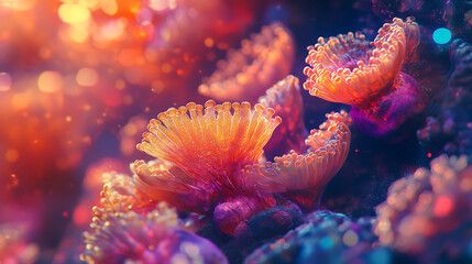 Fototapeta premium Coral Reef Dreamscape: A mesmerizing underwater scene where vibrant coral polyps dance in a kaleidoscope of colors, bathed in ethereal light. The image evokes a sense of wonder and tranquility.