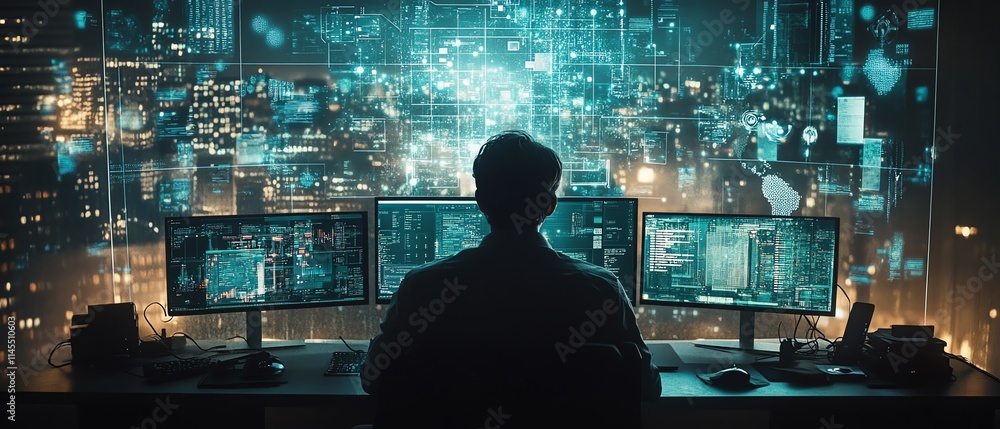 Poster focused professional operating a cuttingedge computer, with interconnected iot devices, internet con