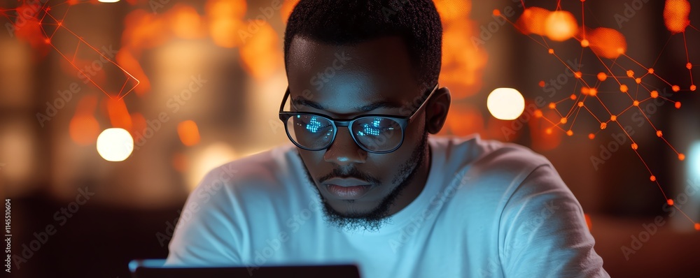 Aufkleber focused man using a laptop and smartphone, with glowing internet network visuals and innovative futu