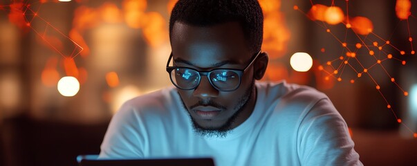 Focused man using a laptop and smartphone, with glowing internet network visuals and innovative futuristic digital technology in the background