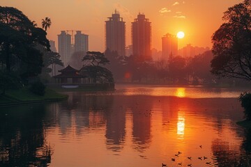 Naklejka premium Silhouettes of skyscrapers and a pagoda reflected in a still lake at sunset. AI generative. .