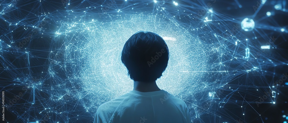 Poster man immersed in a futuristic digital workspace, glowing internet network pathways, big data dashboar
