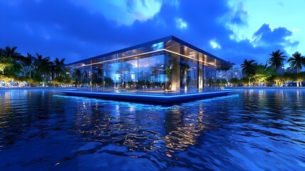 Obraz premium Luxury Glass Villa on Water at Night - Modern Architecture