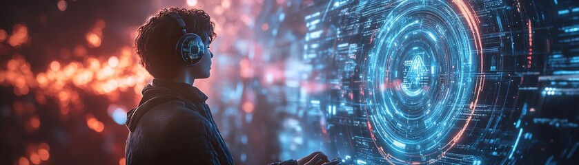 Fototapeta premium Man interacting with holographic IoT devices and internet networks on a modern computer, surrounded by data streams and innovative technology, cyberfuturistic style