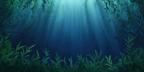 Underwater Scene with Sunlight and Lush Green Plants and Shadows