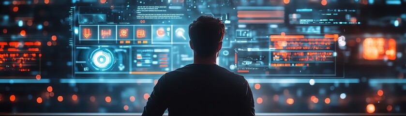 Obraz premium Man interacting with holographic IoT devices and internet networks on a modern computer, surrounded by data streams and innovative technology, cyberfuturistic style