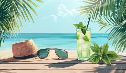 Obraz premium Refreshing Summer Cocktail on a Tropical Beach with Sunglasses and Straw Hat Surrounded by Lush Greenery and Calm Ocean Waves Under a Clear Sky