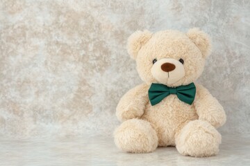 Obraz premium Soft Cream Teddy Bear with Green Bow Tie on Gentle Background