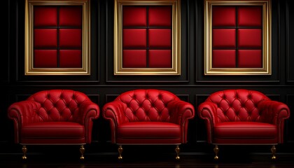 Fototapeta premium Three Red Leather Armchairs Against a Black Gold Wall