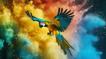 Flying Ara parrot over colourful powder explosion