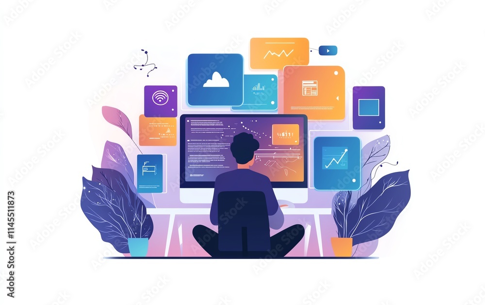 Aufkleber person engaged with digital marketing strategies on a modern computer, surrounded by flowing interne