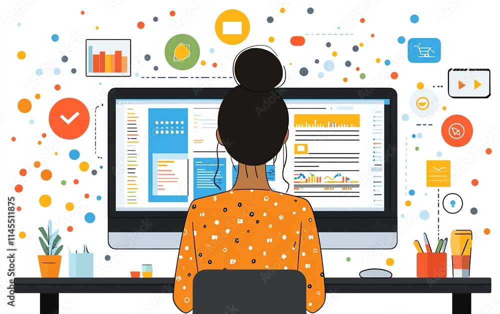 Aufkleber person engaged with digital marketing strategies on a modern computer, surrounded by flowing interne