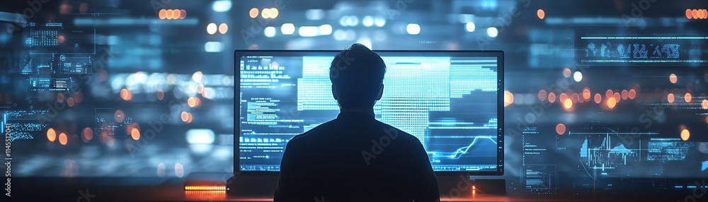 Aufkleber professional working on a sleek computer with glowing internet connections, big data visualizations,
