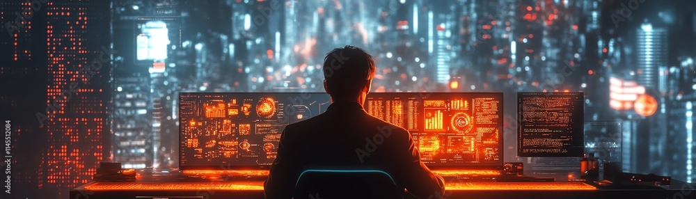 Aufkleber professional working on a sleek computer with glowing internet connections, big data visualizations,