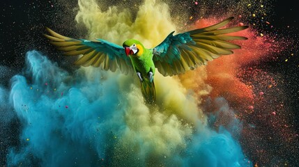 Flying Ara parrot over colourful powder explosion
