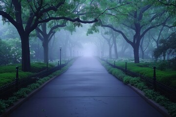 Foggy path through trees with iron fence and streetlights. AI generative. .