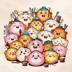 Adorable Dumpling Characters: Whimsical Faces and Fun Accessories in a Cartoon Style