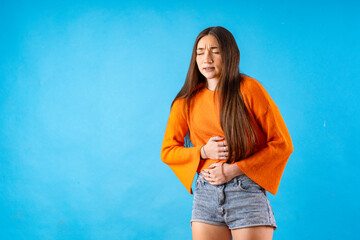 Young person expressing various emotions and body pains, pointing, using a cellphone, with colored...