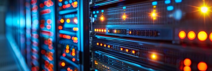 Fototapeta premium Close-up of server rack with glowing lights, creating a futuristic feel. AI generative. .