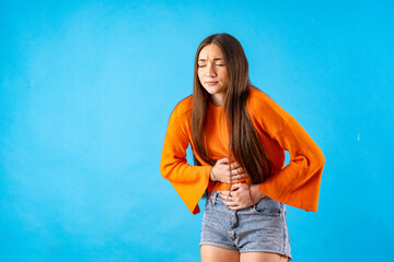 Young person expressing various emotions and body pains, pointing, using a cellphone, with colored...