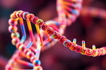 Abstract visualization of a colored DNA molecule structure representing genetic code with double helix pattern and molecular bonds.