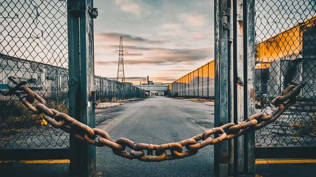 Closed factory gate with chain and padlock, symbolizing the end of an era and the transition to new beginnings. Industrial decline and the shift towards modernization and renewal.
