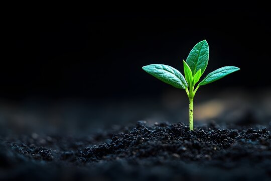 Green seedling growing in dark soil, symbolizing growth, new beginnings environmental sustainability