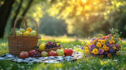 Scenic summer picnic setup with fruits, flowers, and sunlight in park.