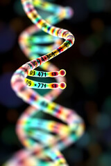 Abstract visualization of a colored DNA molecule structure representing genetic code with double helix pattern and molecular bonds.