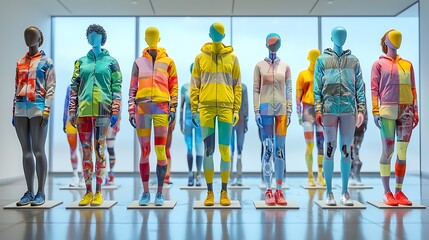 Obraz premium A group of mannequins wearing colorful clothing stand in a room