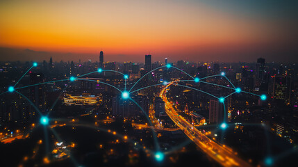 Fototapeta premium Smart digital Innovation city with connection network reciprocity over the cityscape. of future smart wireless city and social media networking systems that connects business people with in city
