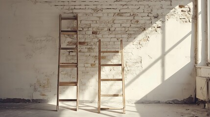 Wooden ladder on a white brick wall, vintage style