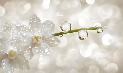 Dew drops on a white orchid blossom against a bokeh background.