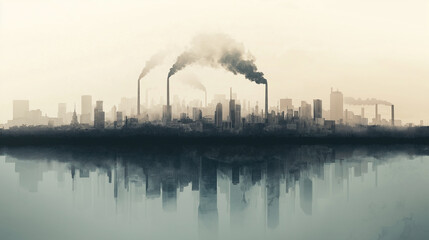 Air Pollution Strata. A collage showing layers of a city skyline, from clear skies above to thick smog and factory emissions below, symbolizing escalating air pollution. Air pollut