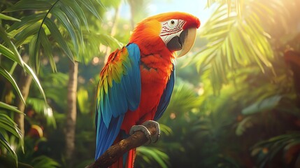 A colorful parrot is perched on a branch in a lush green jungle