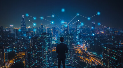 Smart digital Innovation city with connection network reciprocity over the cityscape. of future smart wireless city and social media networking systems that connects business people with in city