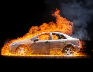 Image of burning car with smoldering flames and thick smoke, isolated on white background