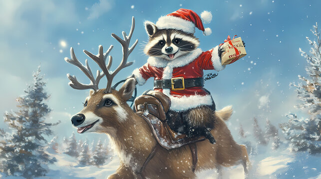 A playful raccoon in a santa outfit rides a reindeer, with a humorous message about being "feral" during the festive season. Feral. Illustration