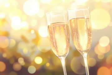 Two champagne glasses clinking together, surrounded by golden sparkles and bokeh lights, creating a festive and celebratory atmosphere