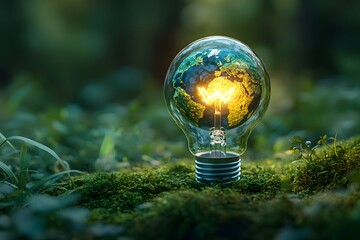 Light bulb with Earth inside on green moss, sustainable energy and environmental conservation