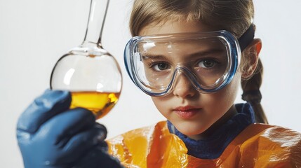 Young Girl in Safety Gear Conducting Experiment in Laboratory Setting