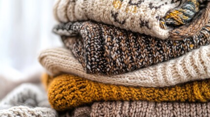 Cozy Warm Knitted Sweaters Stacked Neatly in Soft Natural Textures, Perfect for Autumn and Winter Fashion, Capturing the Essence of Comfort and Style