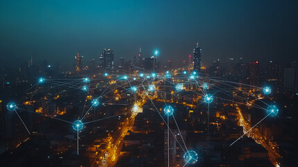 Fototapeta premium Smart digital Innovation city with connection network reciprocity over the cityscape. of future smart wireless city and social media networking systems that connects business people with in city