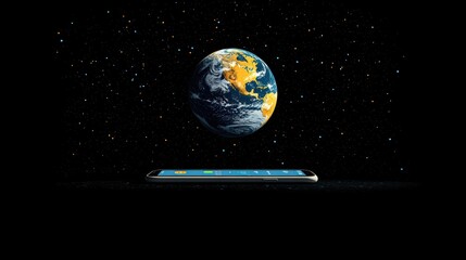 Naklejka premium a black background. In the foreground, there is a smartphone lying flat, displaying a simple interface. Above the phone, a three-dimensional representation of the Earth is suspended in mid-air