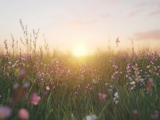 Fototapeta premium Serene Sunrise Over a Meadow Filled with Colorful Wildflowers Illuminated by Soft Morning Light and Gentle Breezes in Spring Nature