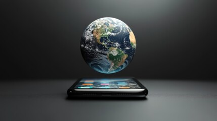 a black background. In the foreground, there is a smartphone lying flat, displaying a simple interface. Above the phone, a three-dimensional representation of the Earth is suspended in mid-air